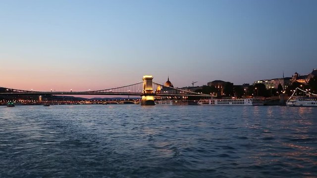 Budapest, Hungary - August 14, 2019: View of the Secheni Chain Bridge in Budapest from a pleasure boat