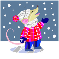 Mouse catches snowflakes, winter children's illustration