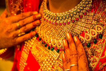 Closeup of indian woman model wearing gold necklace jewellery accessory,  loan. Bride, Wedding....