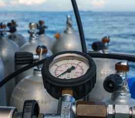 Scuba diving. Pressure meter of oxygen cylinders