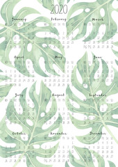 Vertical calendar 2020 with watercolor tropical leaves on white background, A4 format. Week begins from Monday. Perfect for banner, poster, card and printable