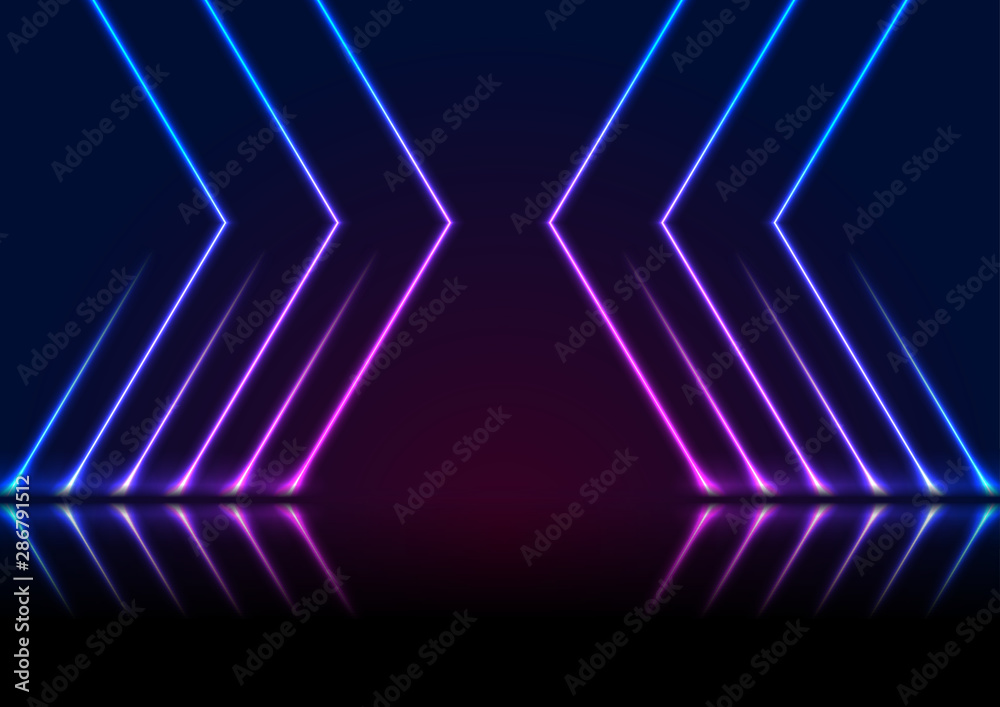 Wall mural blue and ultraviolet neon laser lines with reflection. abstract rays technology retro background. fu