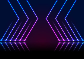 Blue and ultraviolet neon laser lines with reflection. Abstract rays technology retro background. Futuristic glowing graphic design. Modern vector illustration