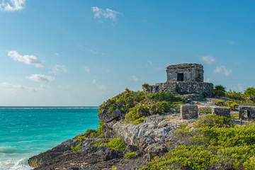 The God of Winds Maya temple ruin of Tulum along the Caribbean Sea, Quintana Roo, Yucatan Peninsula, Mexico.
