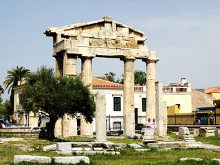 Ruins of Roman Agora complex in Athens city in Greece. The Roman Agora was encroached and obstructed by Roman buildings, and is known to have been a peristyle open space. 