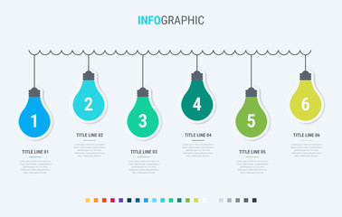 Abstract business light bulbs infographic template with 6 options. Colorful diagram, timeline and schedule isolated on light background.