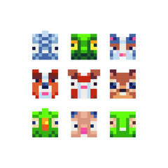 Cute animals head pixel art icon. Design for logo, sticker and mobile app.  Isolated vector illustration. 