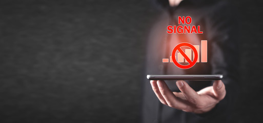 Man holding smartphone. No signal