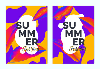 Summer festival banner template design, colorful vibrant leaves and abstract shapes