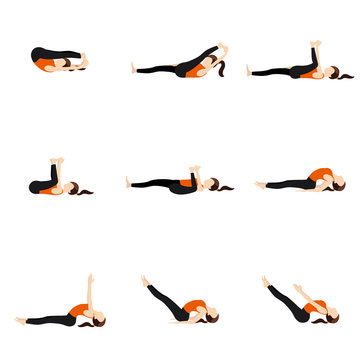 Spinal and legs extension lying poses set/ Illustration stylized woman practicing lying yoga postures 