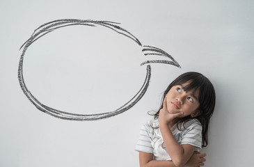 asian little girl thinking with empty cloud bubble in isolated background