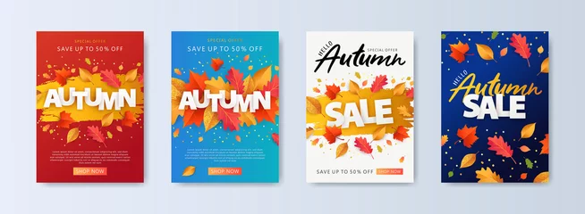 Foto op Canvas Autumn Sale background, banner, or flyer design. Set of colorful autumn posters with bright beautiful leaves frame, paper cut style letters and lettering. Template for advertising, web, social media © Tanya