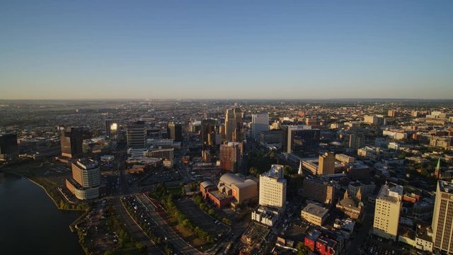 Newark New Jersey Aerial v27 Vibrant sunrise fly over of downtown cityscape & Passaic river views - October 2017