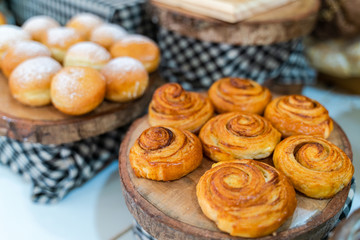 Different kinds of beautiful pastry, small sweet cakes and other dessert on buffet table