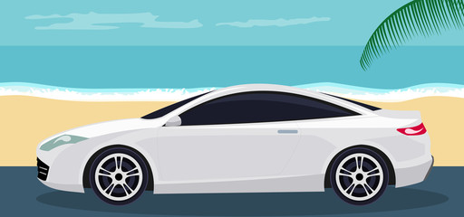 Background of luxurious white sports car on the beach