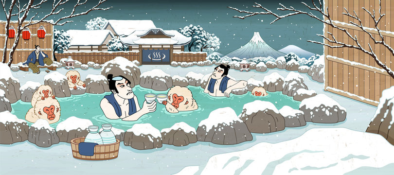 Ukiyo-e style hot spring scene