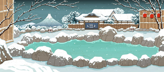 Japanese ukiyo-e winter hot spring - obrazy, fototapety, plakaty