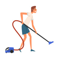 Man Vacuuming the Floor, Guy Doing Housework Vector Illustration
