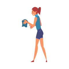 Young Woman Wiping the Dust, Girl Doing Housework Vector Illustration