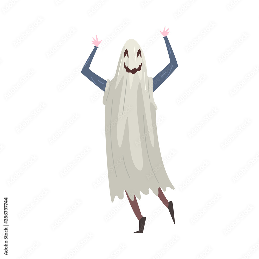 Wall mural Young Man Dressed as Ghost, Guy in Festival Costume, Masquerade Ball, Person Taking Part at Carnival Party or Holiday Celebration Vector Illustration