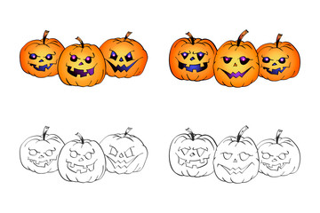 Halloween illustration with smiling Pumpkins on a white background. Page of coloring book.