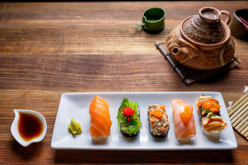 Sushi , Japanese Sushi , Soy sauce and wasabi