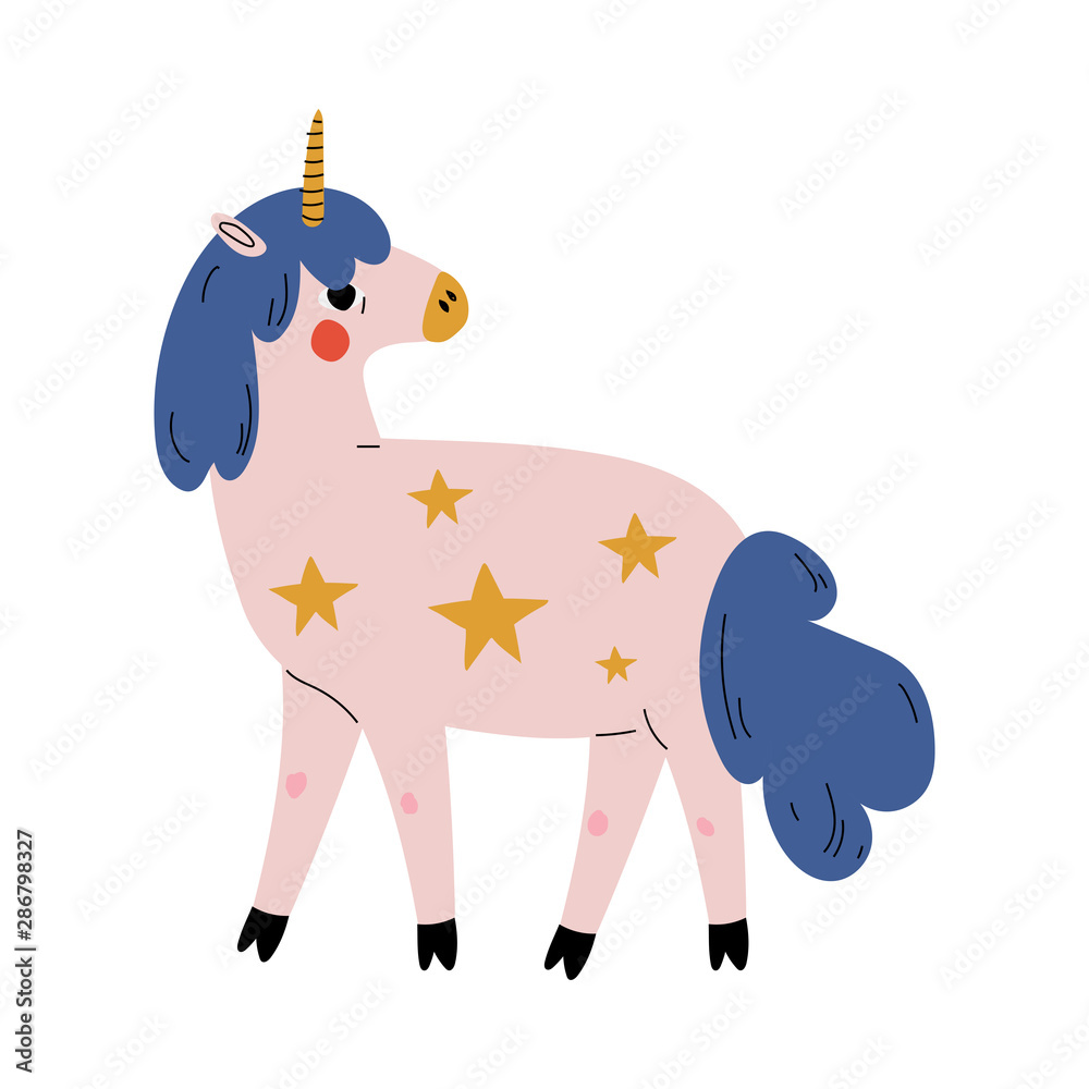 Sticker Cute Uncorn, Adorable White Fantasy Animal Character with Blue Tail and Mane Decorated with Stars Vector Illustration