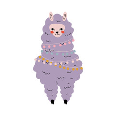 Cute Llama, Adorable Lilac Alpaca Animal Character Front View Vector Illustration