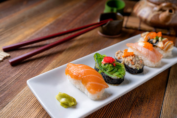 Sushi , Japanese Sushi , Soy sauce and wasabi