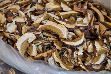Image of dried porcini mushrooms. Traditional Russian food.