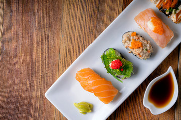 Sushi , Japanese Sushi , Soy sauce and wasabi