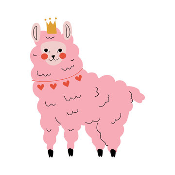 Cute Pink Llama, Adorable Alpaca Animal Character in Golden Crown Vector Illustration