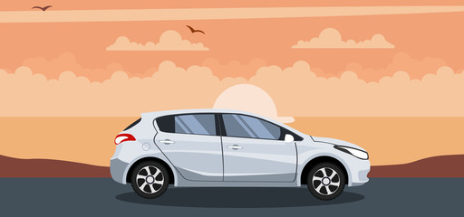 Modern hatchback background on a sunset at the beach © Ipajoel