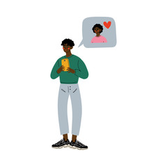 Online Dating, African American Man Sending Romantic Message to His Girlfriend Partner Vector Illustration