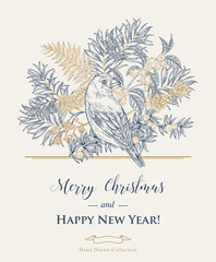 Christmas card with a bird and plants. Hand drawn finch, pine branch, juniper and honeysuckle. Vector illustration. Vintage engraving style.