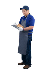 asian delivery man working in blue shirt with apron and protective gloves isolated white background