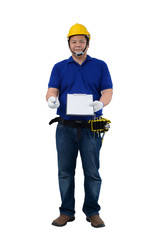 construction foreman in blue shirt with Protective gloves, helmet with tool belt hand holding clipboard and presenting receiving form for signing isolated on white