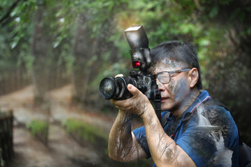 Overlay waterfall and forest on backpack tourist with terrace forest of Nunibiki waterfall park,Kobe.