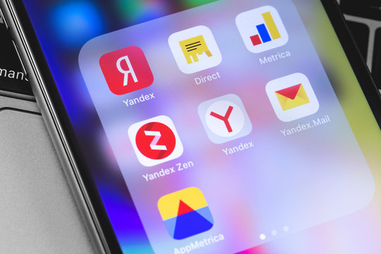 Yandex services icons app on the screen smartphone. Yandex is a Russian multinational company. Moscow, Russia - April 9, 2019