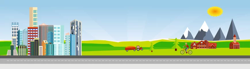 Poster Flat vector illustration of  countryside  landscape urban street with cars, houses , family houses in small town and mountain  in background. Banner horizontal panorama. © Massaget