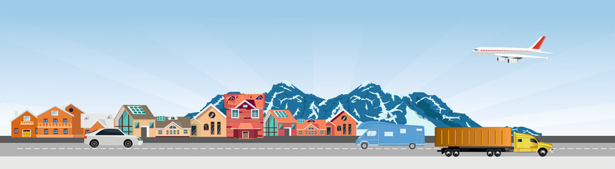 Flat vector illustration of  countryside  landscape street with cars, houses , family houses in small town and mountain with trees in background. Banner horizontal panorama. © Massaget
