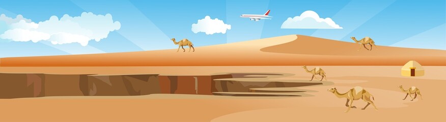 Horizontal web banner and panorama illustration of hot desertr with camels  vector
