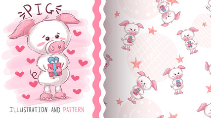 Pig with gift - seamless pattern