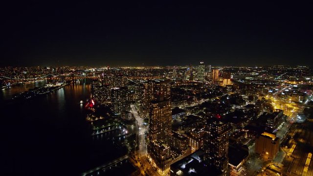 NYC New York Aerial v108 Nighttime cityscape panoramic view from Hunters Point panning north to Midtown Manhattan - October 2017