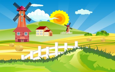 Mill farm, Countryside landscape, gold field with harvest, windmill, farmland, village, vector illustration