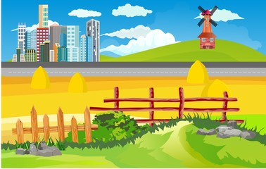 Urban industrial city landscape. Big modern citywith skyscrapers in countryside landscape with mountains and country houses vector flat style.