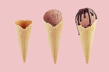 Set of chocolate ice cream cones in  waffle cone - empty, brown ice cream, with chocolate sauce on pink color.