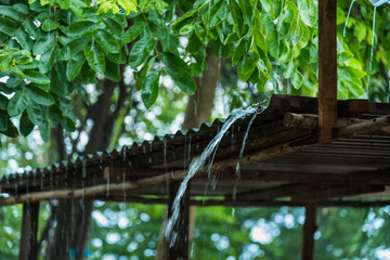 Rain storm with metal sheet roof,rainwater flows down the roof.