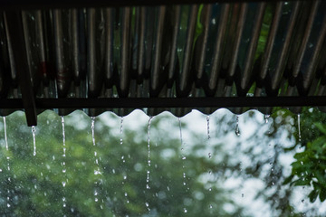 Rain storm with metal sheet roof,rainwater flows down the roof.