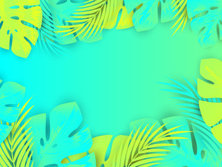 Fototapeta na wymiar Bright tropical background with green jungle plants. Vector exotic paper cut style with leafs.
